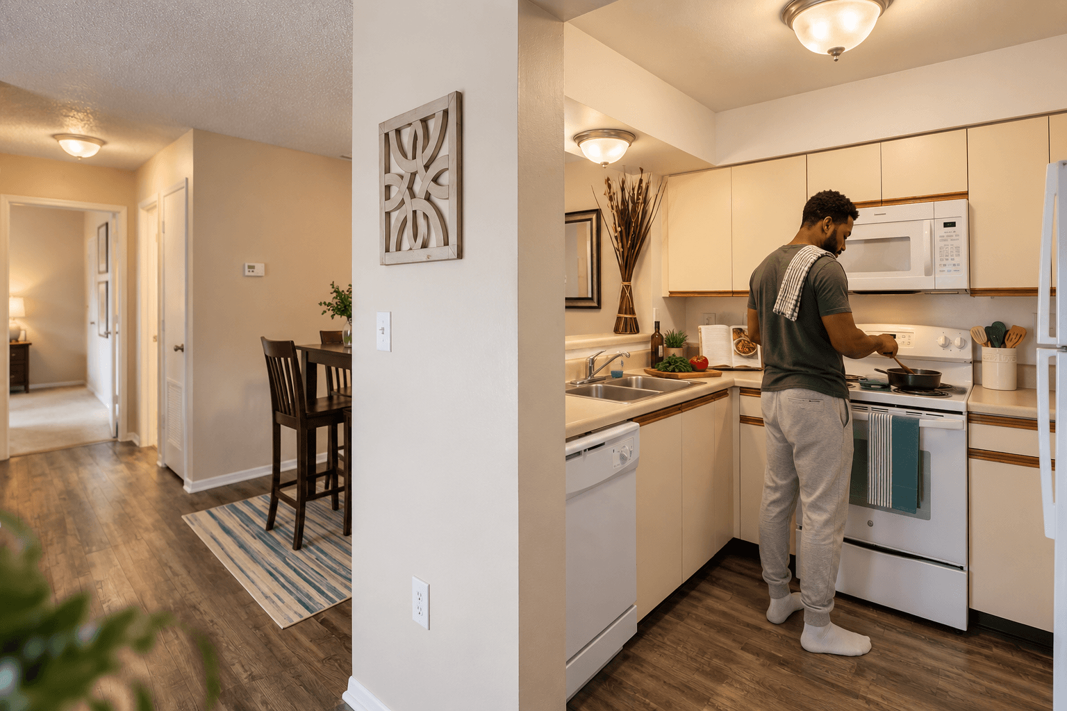 A man is standing in a kitchen with white appliances and wooden floors.